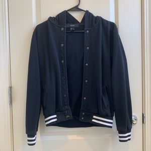 Hooded button up black baseball jacket